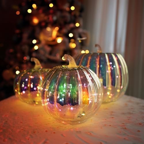 Colorful Mercury Glass Pumpkin with Built-in LED Light - Enhance Your Fall Decor with Magical Glow-Perfect Harvest Festival Decorations and Gift - Image 3