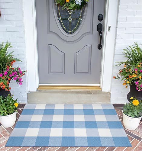 Light Blue and White Layered Doormat 24"x35",Buffalo Plaid Door Mat Outdoor - Image 7