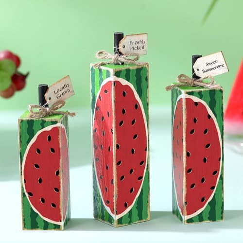 Yousoontic 3 Pcs Summer Wooden Table Decor Watermelon Table Centerpiece Wooden Watermelon Block Signs Summer Decoration for Home Office Kitchen Mantel Shelf - Image 3