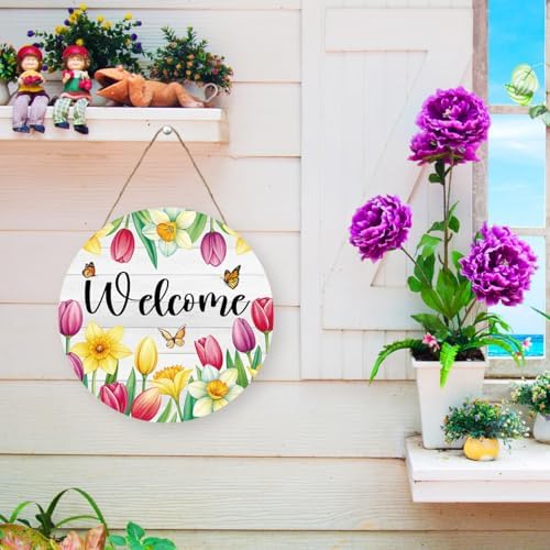 Welcome Spring Sign for Front Door, Spring Tulip Wooden Sign front Porch Decor, Seasonal Floral Wooden Hanging Decor for Home Outdoor Indoor - Image 5