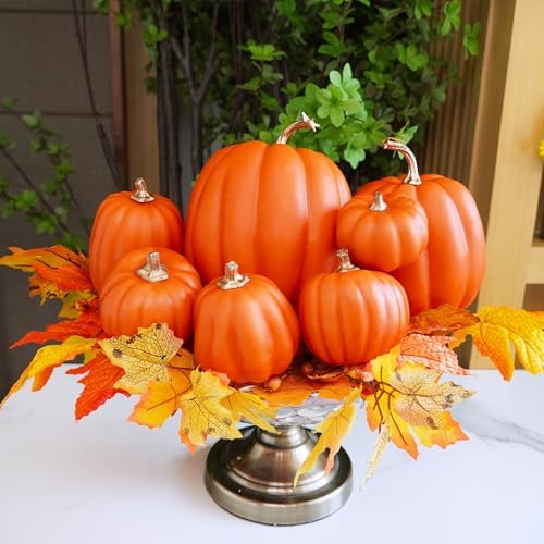 Winlyn 7 Pcs Assorted Harvest Orange Artificial Pumpkins Decorative Pumpkins Foam Pumpkins with Gold Stems for Fall Harvest Autumn Home Wedding Thanksgiving Halloween Party Table Centerpiece Décor - Image 7