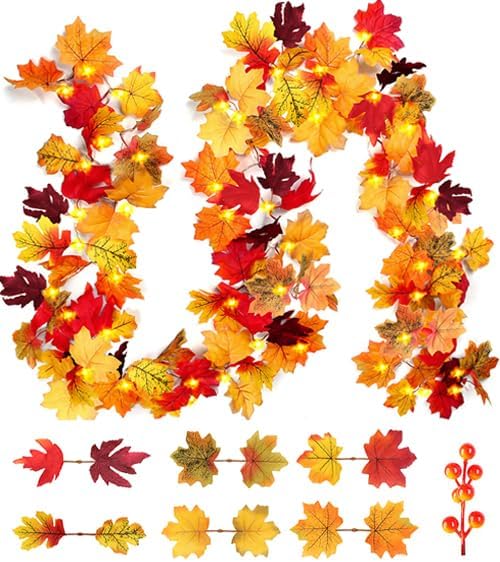 AKIT Fall Decor Lighted Fall Garland 45 LED Outdoor String Lights Waterproof with Timer - Thanksgiving Fall Decorations for Home Halloween Garland for Mantle Indoor by AKITHomeGarden