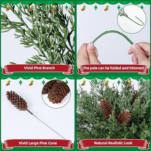 Cedar Stems Artificial Norfolk Pine Branches for Christmas Decor, 12 PCS Fake Pine Stems with 5 PCS Big Pine Cones Branches Realistic Fake Plants Faux Greenery for Vases DIY Garland Xmas Table Indoor - Image 6