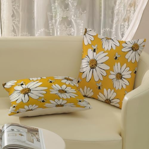 Summer Pillow Covers 16x16 Inch Set of 2 Floral Bee Sunflowers Yellow Throw Pillows Spring Outdoor Decorative Pillow Cases Linen Farmhouse Seasonal Cushion Covers Decor for Living Room Couch - Image 5