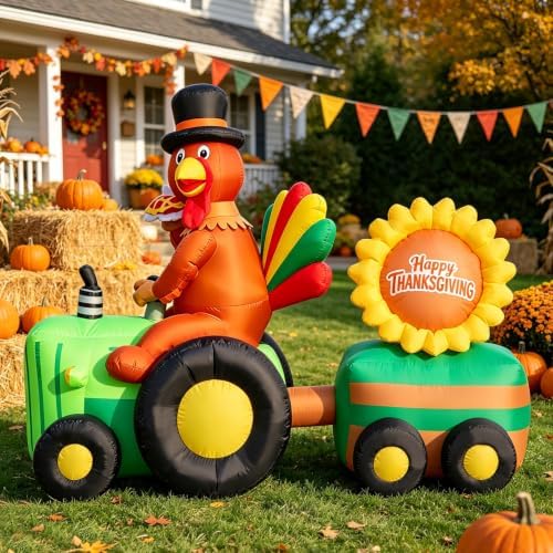 6FT Thanksgiving Inflatables Tractor, Fall Blow up Turkey Drive Tractor with Colorful Tail and Sunflower Pie Happy Thanksgiving Sign, Decorations Outdoor Built-in LED Lights Yard Autumn Harvest - Image 3