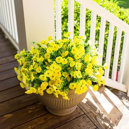 Artificial Flowers for Outdoors Fake Flowers Plants for Spring Summer Decor, 12 Bundles Silk Morning Glory with Eucalyptus Look Real UV Resistant Yellow Faux Flowers for Outside Planters Yard Patio - Image 2