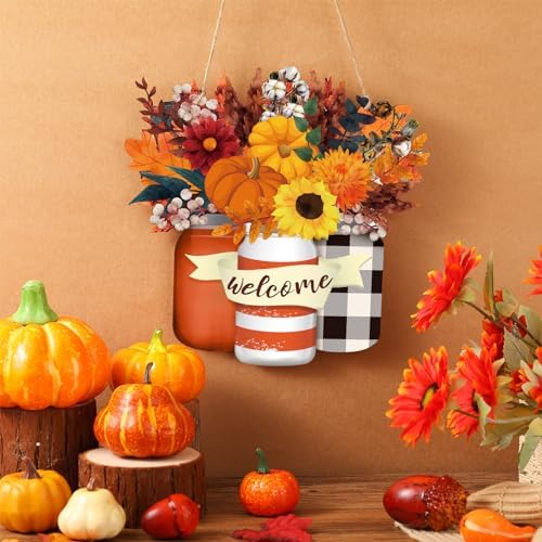 Spiareal Fall Door Decor Wooden Pumpkin Hanger Welcome Sign for Front Door - Image 5