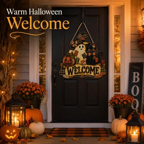 Halloween Welcome Door Sign with Ghost, Black Cat & Pumpkin, Rustic Wooden Front Door Hanging Sign, Fall Halloween Porch Decor for Home, Farmhouse Wall Decoration, Cute Witch Ghost Door Hanger - Image 3