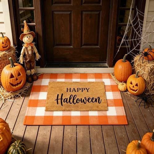 SEEKSEE Happy Halloween Decor Doormat Set, Thick Coco Coir Door Mat + Orange and White Buffalo Plaid Rug, Outdoor Layered Mat for Front Door Non-Slip Backing Floor Mat for Porch - Image 3