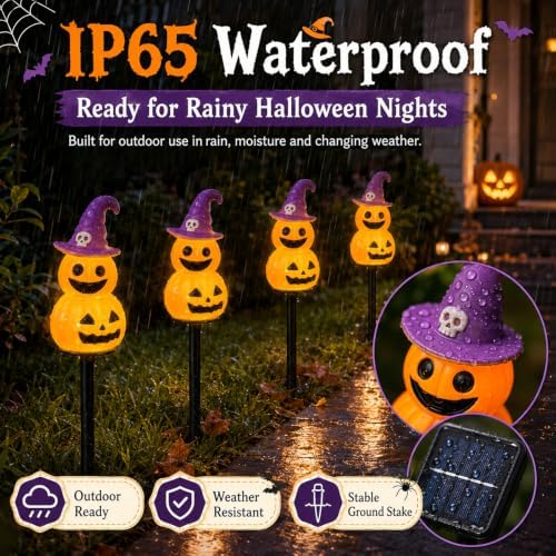 Halloween Decorations Solar Garden Lights, 4pcs Magic Hat Pumpkin Path Lights with 8 Lighting Modes, Waterproof Yard Light, LED Santa Claus Gift for Yard Path Decor (Orange - Pumpkin) - Image 4
