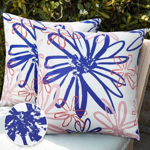 Pyonic Outdoor Waterproof Pillow Covers Pack of 2 Dahlia Water Resistant Decorative Outdoor Pillow Covers 18x18 inch Square Patio Pillows for Funiture Garden,White - Image 2
