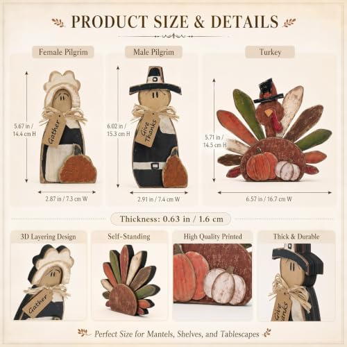 Cinnvoice 3 Pcs Fall Decorations Thanksgiving Pilgrim Turkey Tabletop Signs - Image 2