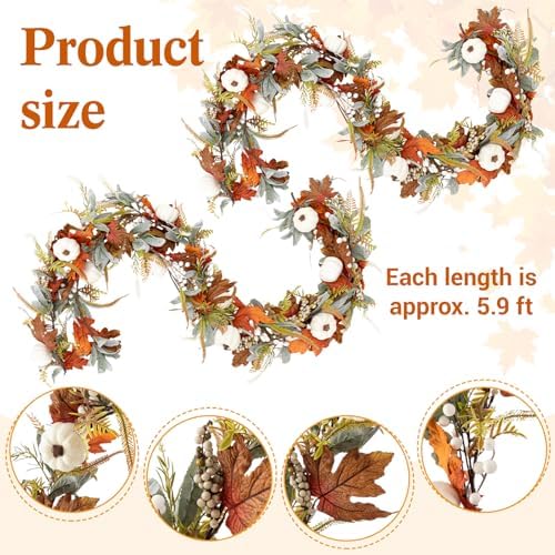 Jutom 12 ft Thanksgiving Garland for Mantle, Fall Wreath with Pumpkin Eucalyptus Leaves Maples Berry Autumn Garland Decorations for Home Porch Fireplace Table Centerpiece Outdoor Decor - Image 2