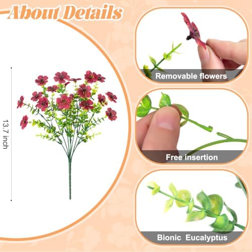 Fall Mums Artificial Flowers for Outdoors Potted, 12 Bundles Fake Fall Daisy Flower with Realistic Eucalyptus Leaves, Fake Plants for Greenery Boxwood Porch Patio Garden Pot Courtyard(Orange Brown) - Image 3