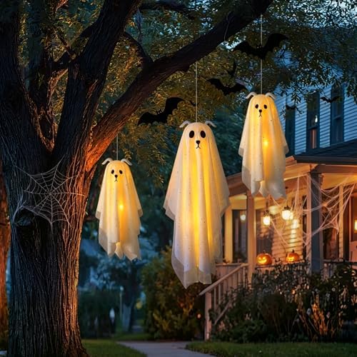 Halloween Decorations Outdoor, 3 Pack Lighted Dog Ghost Hanging Decor - Image 4