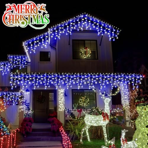 Christmas Lights Outdoor, 2 Pack Total 98FT 960 LED Ice Lights for Outside with 180 Drops 8 Modes Timer Memory, Plug in Waterproof for Holiday Eaves Yard Roof Party Decor (Blue and Cool White) - Image 5