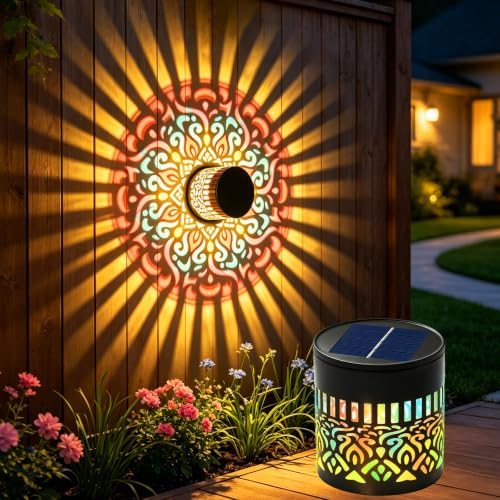 Solar Mandala Projection Wall Lights Waterproof, Gift for Women Men, Solar Mandala Lights Outdoor Metal Fence Lights, Decor Light for Yard Garden Post Patio Backyard Porch Tabletop (Warm White 2 Pcs) - Image 7