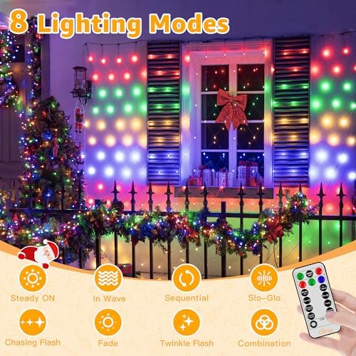 Ollny Net Lights Outdoor Mesh Light, 210LED 10x7ft Green Wire Christmas Net Lights, IP67 Waterproof, 8 Modes Plug in Bush Light for Tree Shrubs Outside Patio Decorations, Multicolor - Image 2