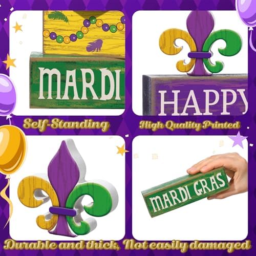 Moucuny 4 Pcs Mardi Gras Wooden Block Signs Tiered Tray Farmhouse Table - Image 5