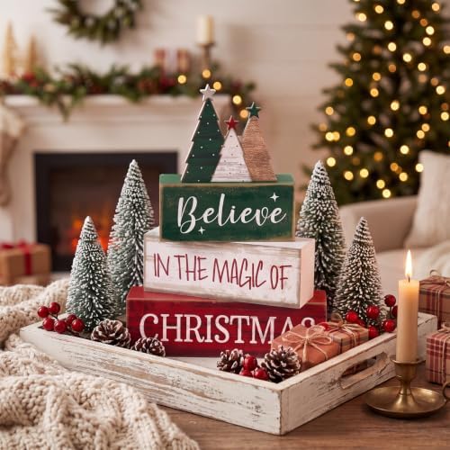 Moucuny 4 Pcs Christmas Table Decorations Rustic Christmas Tree Stacked Wooden Sign Decor Red Green and White Winter Tiered Tray Decor Xmas Table Centerpiece Farmhouse for Home Kitchen Shelf - Image 4