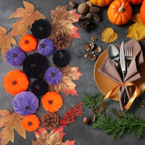 21 PCS Pumpkins Decor Set, 3 Sizes Fake Velvet Pumpkin, Black Purple Orange Small Foam Pumpkin for Halloween Farmhouse Fall Harvest Wedding Mantel Table Centerpiece Kitchen Decor - Image 7