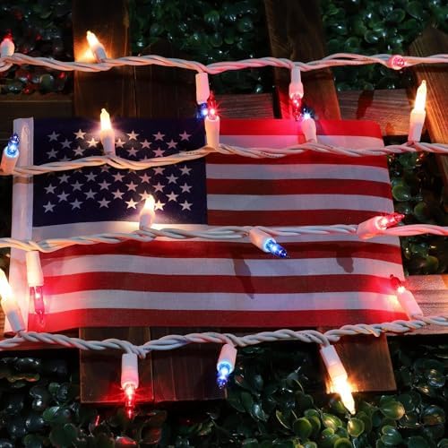 LAMPHOME 100 Count Red White and Blue Mini String Lights with White Wire,Connectable 19.6ft 120V Waterproof 4th of July Patriotic Incandescent Lights, Independence Day Lights for Outdoor Indoor Decor - Image 4