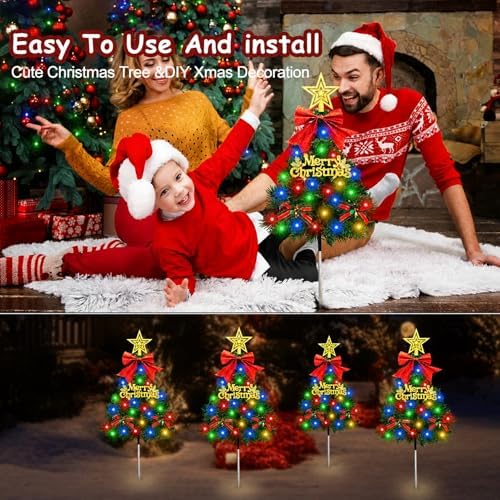Christmas Tree Solar Pathway Lights Outdoor Decor, 4 Pack, Green - Image 5