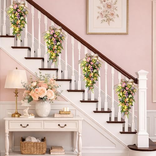 Eksen Spring Teardrop Swag for Front Door with LED Lights, Colorful Floral Swag Artificial Wildflower Greenery Door Decor with Burlap Bow, Farmhouse Spring Hanging Decoration for Porch Wall Window - Image 3