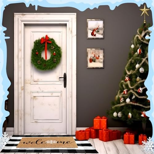 Duraaamo 2 Pcs Winter Coir Doormat Outdoor Snowflake Welcome Winter Rug Mat Layered Buffalo Plaid Snowflake Mat for Christmas Front Porch Entryway - Image 5