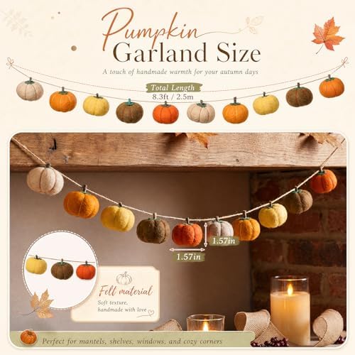 Yinder 8.2 ft Fall Pumpkin Felt Garland Autumn Decoration for Home Hanging Felt Pumpkin Banner Harvest Thanksgiving Garland Halloween Party Decor for Mantel Fireplace Farmhouse - Image 3