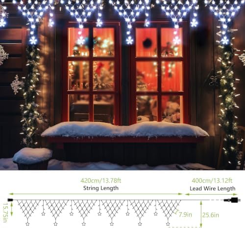 Christmas Lights Outdoor Decoration 218 LED 13.8ft Star Curtain Fairy Lights with 11 Drops, Clear Wire LED String Light Decor with 8 Modes for Wedding Party Holiday Christmas Home Indoor Outdoor Decor - Image 2