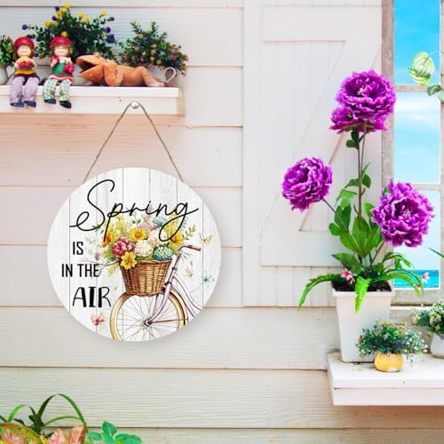 Spring is In The Air Wooden Sign,Spring Bicycle Sign for Front Door Decor, Spring Theme Wooden Hanging Decor for Home Indoor Outdoor - Image 5