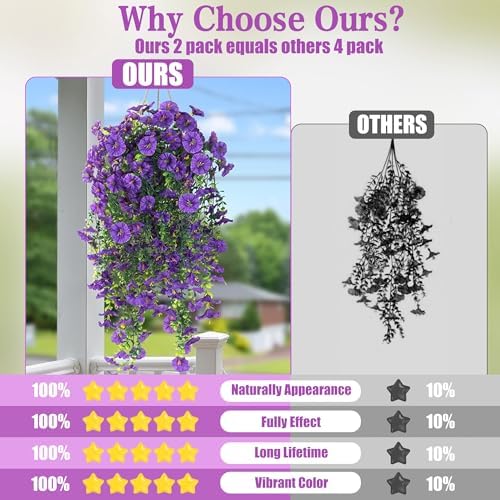 Sggvecsy Artificial Fake Hanging Flowers Plants for Outdoor Outside Spring Summer Decoration 2PCS Faux Silk UV Resistant Realistic Morning Glory with Eucalyptus for Home Porch Patio Balcony(Purple) - Image 4
