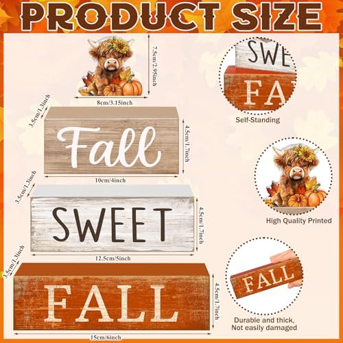 Moucuny 4 Pcs Fall Wooden Block Signs, Highland Cow Tiered Tray Farmhouse - Image 2