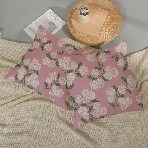 Pink Pillow Covers 16x16 Inch 2 Pcs Preppy Pink Green Hydrangea Flower Decor Throw Pillows Vintage Floral Seasonal Spring Summer Outdoor Decoration Pillowcase Linen Cushion Cover for Couch Sofa - Image 5