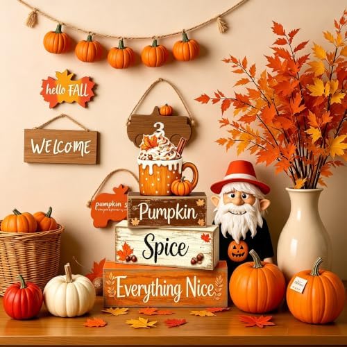 4 Pcs Pumpkin Spice Fall Tiered Tray Decor, Rustic Wooden Stacked Block Signs, 3D Pumpkin Latte Cup Topper Autumn Coffee‑Bar Table Centerpiece, Farmhouse Thanksgiving Harvest Home Shelf Decor - Image 4