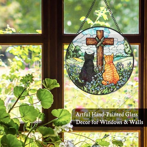 Cat Cross Stained Glass Window Hanging Suncatcher Gifts for Women, Christian Forget Me Not Sun Catcher Indoor Window Decor, Rustic Cats Painted Glass Wall Hanging Decorations 7.8x7.8 in - Image 4