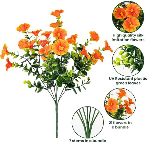 Artificial Faux Flowers for Outdoor 16 Bundles Fake Morning Glory,Orange - Image 3