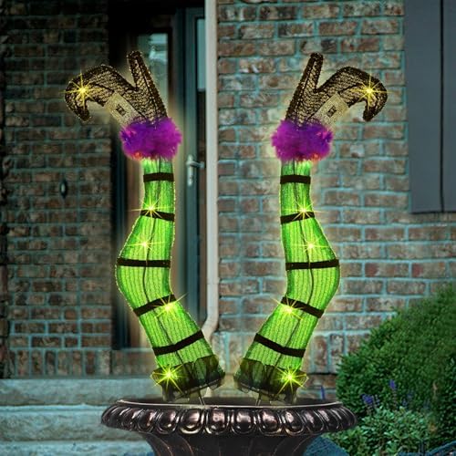 Juegoal Set of 2 Halloween Lighted Wicked Witch Legs with Stakes, 22" Light Up Tinsel Witch Prop, Halloween Yard Signs Timer & 8 Modes, Battery Operated for Outdoor Party Haunted House Garden Decor by Juegoal