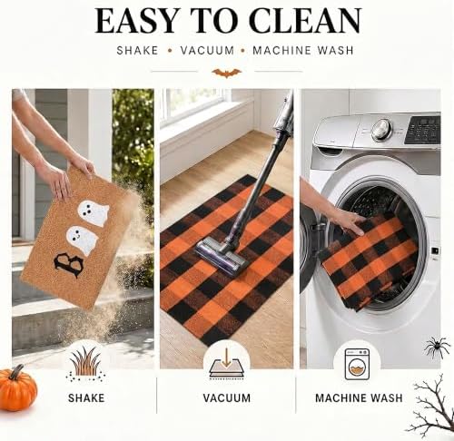 Halloween Door Mat Combo Set, Boo Ghost Coco Coir Welcome Doormat + 28" x 43" Black and White Plaid Rug, Autumn Halloween Front Porch Entryway Decor Floor Mat - Image 6