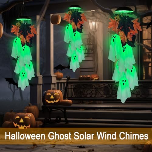Halloween Solar Wind Chimes,Spooky Ghost Maple Leaves Hanging Mobile Lights - Image 4