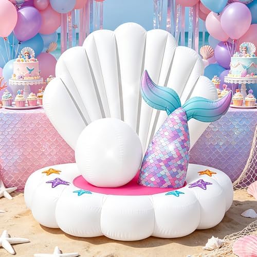 4.6FT Inflatable Seashell with Mermaid Tail for Summer Outdoor Decor, Blow Up Seashell Built-in 3 LED Lights for Mermaid Birthday & Pool Beach Ocean Party Decorations, Yard Garden Indoor Photo Props by Eyourlife
