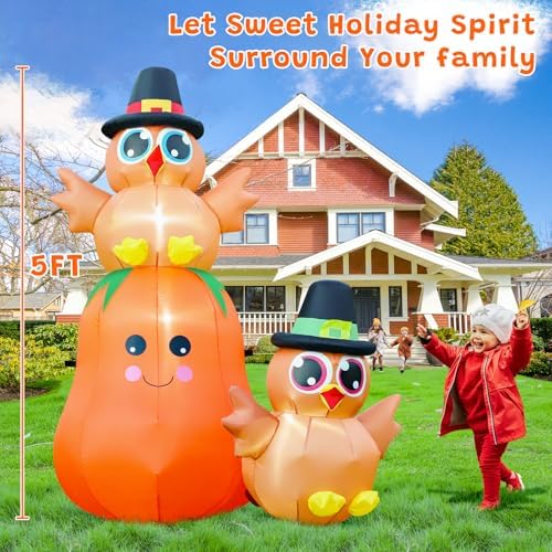FunFanso 5 FT Thanksgiving Inflatable Turkey Pumpkin Outdoor Decoration - Image 3