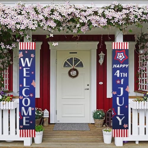 doginthehole Happy 4th of July Door Banner with Grommets for Independence Day Porch Sign Stars and Stripes Hanging Flag Memorial Day Party Yard Indoor Outdoor Decorations by doginthehole
