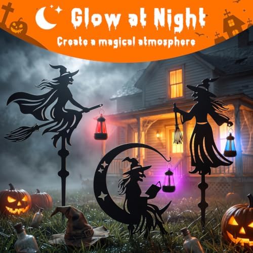 KODIBO Halloween Decor 3-Pack Metal Witch Yard Stakes with Solar Lanterns - Image 2