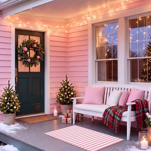 Moucuny Christmas Pink and White Vertical Stripe Outdoor Rug 2' X 3'Doormat - Image 6