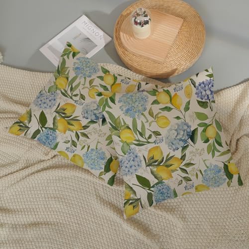 Blue Yellow Pillow Covers 20x20 Inch 2 Pcs Blue Hydrangea Floral Decor Throw Pillows Vintage Lemon Flower Seasonal Summer Outdoor Decoration Pillowcase Linen Cushion Cover for Couch Sofa - Image 5
