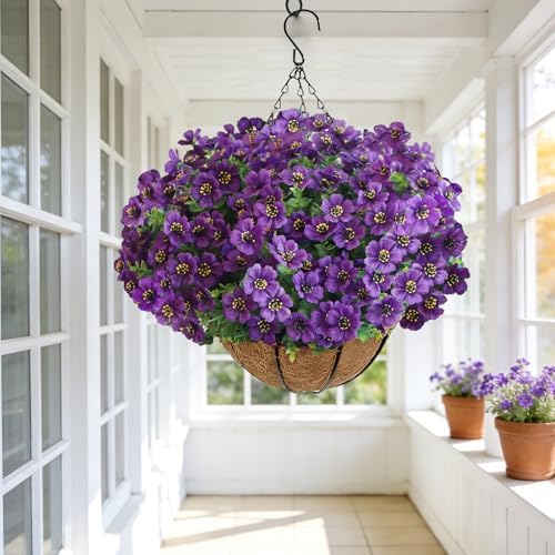 Artificial Hanging Flower Plants with Pot Planter, 12 Bundles Fake Flowers Uv Resistant Artificial Outdoor Flowers for Spring Summer Yard Porch Patio Garden and Home Decoration - Purple - Image 6