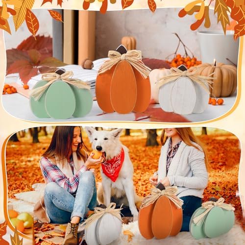 Ferraycle 3 Pcs Fall Pumpkin Decor Fall Wooden Signs 3D Pumpkin Tabletop Decor Farmhouse Sign Rustic Tiered Tray Decorations Block Centerpieces Standing Sign for Home Kitchen Harvest(Stylish Color) - Image 4