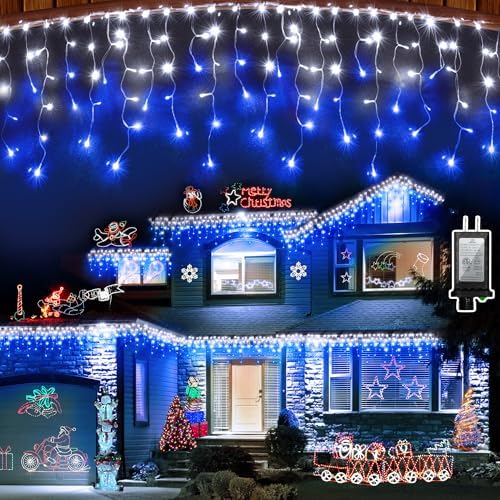 Christmas Icicle Lights Outdoor 60FT 612 LED Drops Blue & White by HRANBOTY